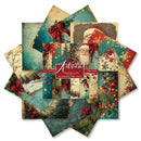 A set of 12 Christmas-themed scrapbooking paper sheets arranged in a circular fan shape. The designs feature festive holiday patterns including Santa Claus, red bows, snowflakes, winter landscapes, pine trees, and red berries on a teal and beige background.