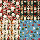 A four-panel collage showing holiday-themed animal prints: white cats in red Santa hats and bows on a red background, multicolored cats in similar Santa outfits on a dark green background, assorted dogs in Christmas clothing on a beige background, and mixed animals in festive outfits on a light blue background.