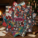 A set of Meraki Christmas-themed jigsaw puzzle boxes and several completed puzzle pieces fanned out on a wooden table, with a cozy fireplace and decorated Christmas tree in the background.