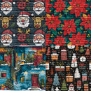 A close-up of a multicolor Christmas-themed patterned fabric or wallpaper featuring Santa Claus faces, poinsettias, snowman, gifts, trees, and a snowy village scene.