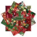 A set of Christmas-themed paper sheets arranged in a starburst pattern, featuring festive red, green, and gold patterns like snowflakes, pine trees, and geometric patches, with a central label reading 'World'.
