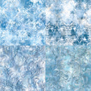 Four square panels showing icy blue and white textured patterns with ornate snowflake-like motifs, frosty damask designs, and translucent crystalline branches.