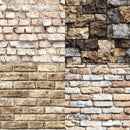 A split-screen texture display showing two different brick and stone wall patterns. The left half features a light beige and tan brick wall with warm yellow undertones.