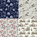 Four fabric or wallpaper pattern swatches arranged in a 2x2 grid: dark navy with white floral motifs, light beige with birds on branches, red berries with muted blue-gray leaves, and a snowy winter village scene in beige and brown tones.