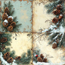 A square collage of four rustic panels decorated with pine branches, pinecones, and light snow, with small red berries scattered throughout.