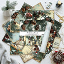 A flat lay of printed scrapbook paper sheets and a matching paper roll featuring a winter forest theme with pinecones, evergreen branches, snow, and rustic beige tones. The package label reads 'Forest Pine' and includes a small hanging tag that says 'Winter Blessings.