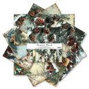 A fan arrangement of patterned paper sheets featuring a winter forest design with pine trees, snow, and brown pinecones, with a central label reading 'Forest Pine'.