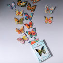 A set of colorful butterfly wall decals arranged on a light gray background, with a small book titled "BUTTERFLY" placed near the bottom right.
