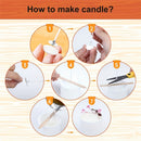 Instructional graphic titled 'How to make candle?' showing seven numbered circular steps for making a candle, including preparing wicks, pouring wax, cutting wicks, and adding decorative flowers, on a light wood-textured background.