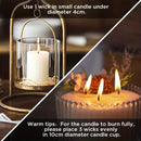 A split-screen instructional graphic showing two lit candles with overlaid text instructions: use 1 wick in a small candle under 4cm diameter, and warm tips for a 10cm diameter candle with 3 wicks. The left side shows a white candle in a brass-toned glass lantern, and the right side shows a white candle with three flames in a ribbed glass holder with flowers.