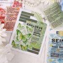 Collection of vintage-style product packaging with butterfly designs on a textured surface.