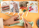 Collage of crochet and knitting projects with a person crocheting on an orange background.