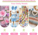 Promotional graphic for a crochet hook size chart, with the headline 'Complete Crochet Hook Size Meet Your Daily Needs' above four example crocheted items: a bouquet of pink and purple flowers, a blue stuffed bunny doll, a multicolor granny square blanket, and a striped crocheted dress.