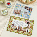 Decorative cards with illustrations and text on a textured surface