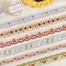 Collection of decorative ribbons with various patterns on a white surface.