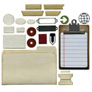 Collection of office supplies including a clipboard, folders, and stationery items on a white background