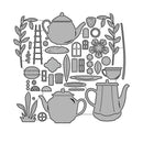 A monochrome sheet of assorted teapot, cup, plant, and architectural outline cutouts arranged on a white background.