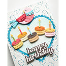 Colorful birthday-themed card with a bird and cake decorations on a white background