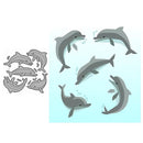 A set of cartoon dolphin illustrations shown in two arrangements: a cluster of five gray dolphins on the left, and a larger panel on the right featuring five gray dolphins swimming in a light blue water background with small bubbles.