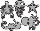 A set of cartoon sea life illustrations on a white background, including a lobster, jellyfish, starfish, seahorse, and octopus, all in gray with black outlines and small white dots.