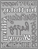 A sheet of decorative die-cut sticker or decal shapes featuring various stylized and cursive 'Happy Birthday' text designs in white with black outlines, arranged on a gray background.