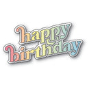 A die-cut sticker with the words 'happy birthday' in a playful multicolor gradient font, featuring a white border and a soft drop shadow on a plain white background.