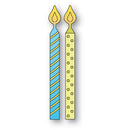 Two tall birthday candles on a white background, one blue with yellow diagonal stripes and one pale yellow with yellow polka dots, both with flame-shaped tops.
