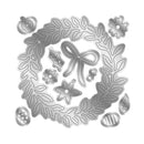 A silver metal Easter wreath die-cut stencil or craft template featuring a leafy wreath border, a bow, holly, acanthus leaves, and small floral accents on a plain white background.