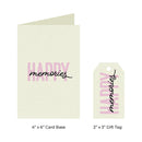 A card base and matching gift tag set with the words “HAPPY memories” printed on them. The card base is 4 x 6 inches and the gift tag is 2 x 3 inches.