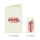 A card base and matching gift tag set shown on a white background, both in a warm off-white paper with coral pink and black script text reading 'YOUR special day.' Small labels below indicate dimensions: 4 x 6 inch card base and 2 x 3 inch gift tag.