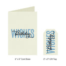 A birthday greeting card set shown on a white background, including a 4 x 6 inch card base and a 2 x 3 inch gift tag. Both pieces are cream-colored with light blue 'WISHES' text and black cursive 'birthday' script.