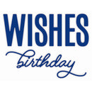 Blue text reading 'WISHES Birthday' on a white background, with 'WISHES' in a bold block font and 'Birthday' in a flowing cursive script.