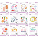 A 12-pack sheet of Cathy's Companions scrapbooking and cardmaking dies, featuring various colorful die-cut designs such as a new home, party bows, fruits, flowers, and happy messages, displayed on a clean white background.