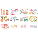 A collection of pastel-colored vector clipart icons and text designs arranged on a plain white background, including a pink telephone, bows, rocking horse, rainbow, fruits, books, a stand mixer, and birthday-themed text.
