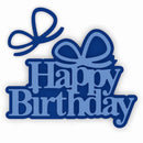 Blue 'Happy Birthday' text design with a ribbon bow above, shown on a plain white background.