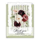 A square greeting card with a vintage floral design, featuring dark burgundy and cream flowers over a striped background, with a torn paper border and the text 'Thank you FOR BEING A GREAT FRIEND' at the bottom.