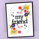 Card with 'my friend' text surrounded by colorful flowers and butterflies on a purple background