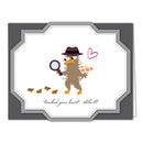 A square greeting card or art print featuring a cartoon brown bird dressed as a detective with a hat, magnifying glass, and a pink heart, on a white central panel with a gray border and dark gray outer background.