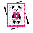 A handmade Valentine's Day card featuring a cute panda bear wearing a pink polka-dot bow and holding a pink heart. The card has a bright pink border with white polka dots, a white background with pink hearts and 'MY VALENTINE' text, and a banner reading 'HAPPY VALENTINE'S DAY'.