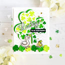 A St. Patrick's Day themed handmade greeting card featuring a green shamrock tree, a white goose, a yellow duck, and the text 'Lucky TO BE YOUR FRIEND' on a white background with decorative flowers.