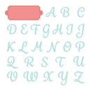 A sheet of decorative alphabet letters in a light aqua script font, with a blank coral-pink label template at the top left on a white background.