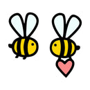 Two cartoon bumblebee graphics on a plain white background, one holding a pink heart.
