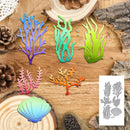 A set of colorful metal coral and seashell craft dies arranged on a rustic wood background, with a small inset showing the gray die-cut outline sheet.