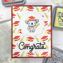 A handmade congratulations card featuring a cute cartoon koala wearing a graduation cap, surrounded by a pattern of red graduation caps and yellow diplomas on a white background. The card has a red border and the word 'Congrats' written in black script at the bottom.