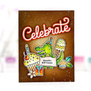 A square birthday card with a brown glittery background and the word 'Celebrate' in large red-and-white script. Below, a green cartoon alligator wearing a party hat stands beside cupcakes and a gift, with a sign reading 'SNAPPY BIRTHDAY.