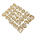 A set of gold-colored metal alphabet letters arranged in a grid on a plain white background.