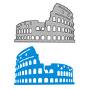 Two flat vector-style illustrations of the Colosseum, one in gray and one in bright blue, shown on a plain white background.