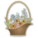 Decorative paper cutout of a wicker basket with flowers on a white background
