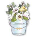 A decorative illustration of a white metal bucket filled with white, pale yellow, and light green flowers, shown on a plain white background.