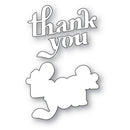 White die-cut lettering and silhouette craft embellishment reading 'thank you' with a cloud-shaped cutout below, shown on a light gray background.